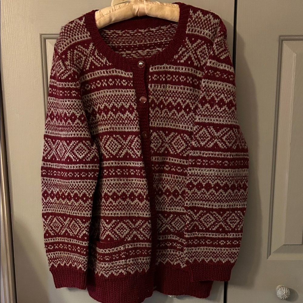 Women's Handmade Burgundy/grey Fair isle Patterned Sweater